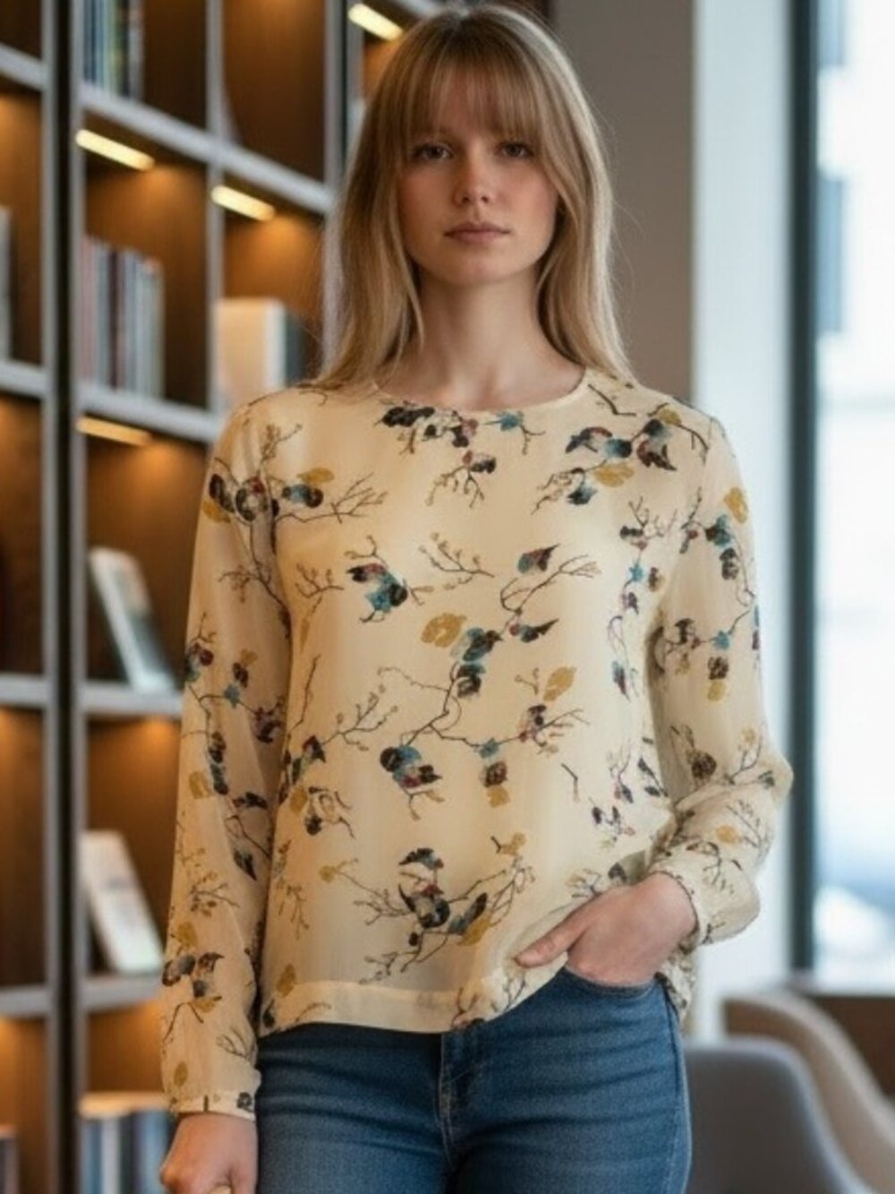 Ganni Marietta Georgette Blouse 38 M Cream Leaf Design